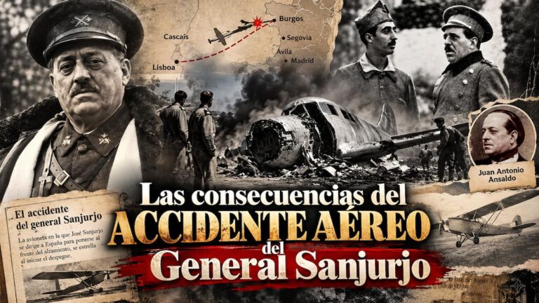 Fotomontaje histórico del accidente aéreo del general Sanjurjo en 1936, con imágenes del militar, los restos del avión y Juan Antonio Ansaldo.