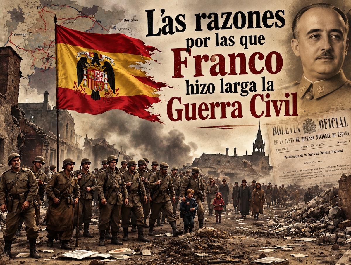 Francisco Franco y la prolongación de la Guerra Civil española, con soldados, civiles, una bandera franquista y una ciudad devastada por la guerra.