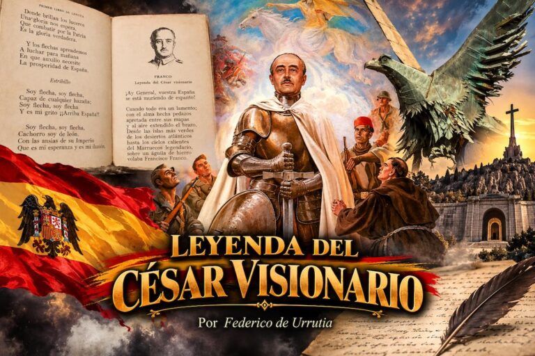 Ilustración alegórica de Leyenda del César Visionario, de Federico de Urrutia, con una figura de Franco representada como caballero, soldados, águila monumental, banderas españolas y páginas del poema.