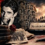 Imagen alegórica sobre la persecución de los intelectuales durante la Guerra Civil española, con un retrato de Federico García Lorca, libros, fotografías antiguas y símbolos de represión y memoria histórica.