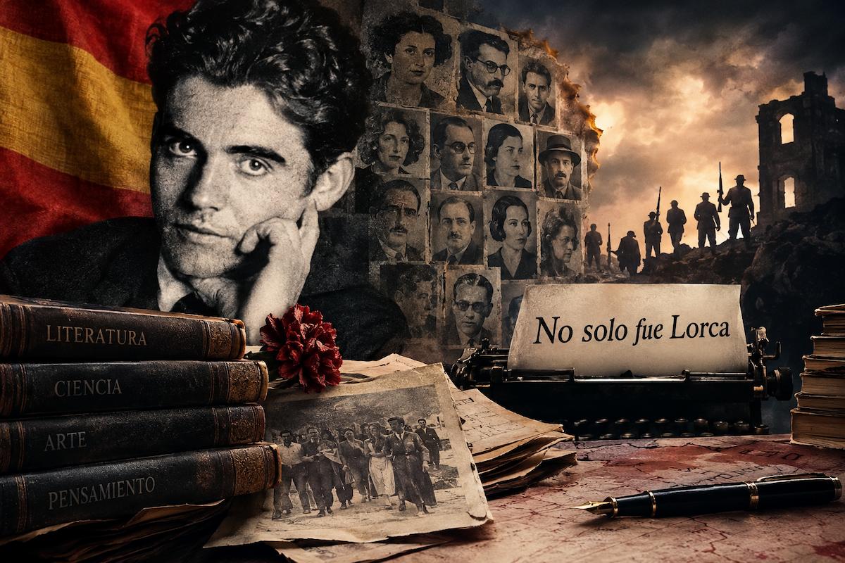 Imagen alegórica sobre la persecución de los intelectuales durante la Guerra Civil española, con un retrato de Federico García Lorca, libros, fotografías antiguas y símbolos de represión y memoria histórica.
