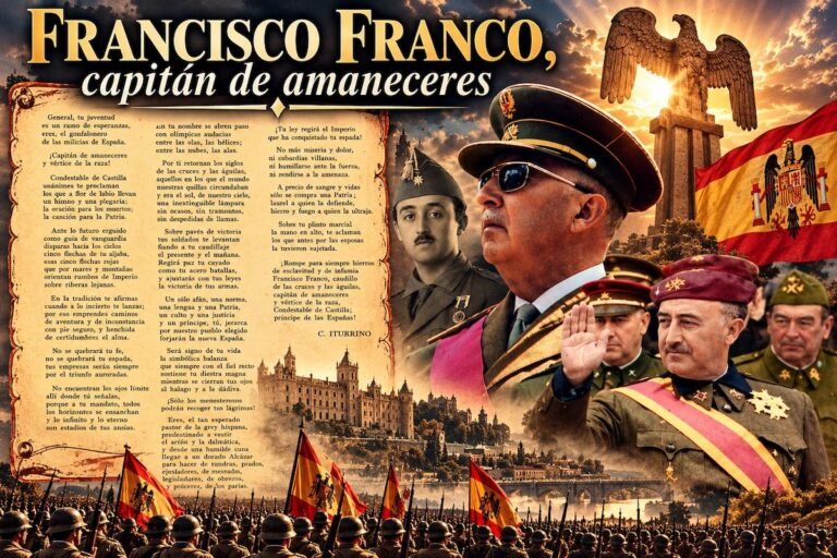 Composición histórica del poema «Francisco Franco, capitán de amaneceres», con retratos de Francisco Franco, soldados, bandera española con el escudo franquista y el texto poético en un pergamino antiguo.