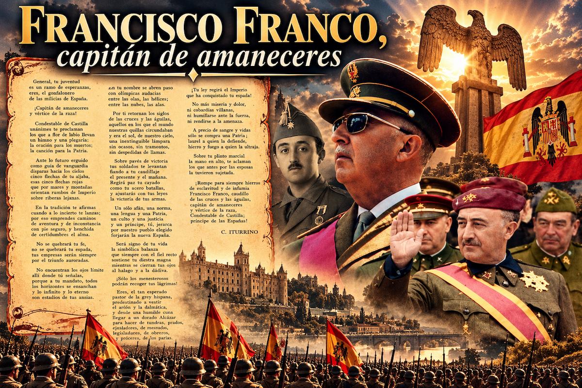 Composición histórica del poema «Francisco Franco, capitán de amaneceres», con retratos de Francisco Franco, soldados, bandera española con el escudo franquista y el texto poético en un pergamino antiguo.