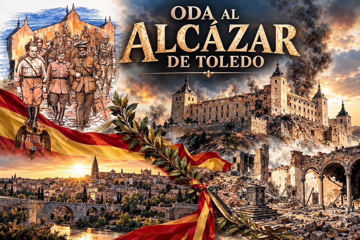 Ilustración alegórica de la Oda al Alcázar de Toledo, con soldados, la fortaleza asediada y las ruinas del edificio durante la Guerra Civil española de 1936.