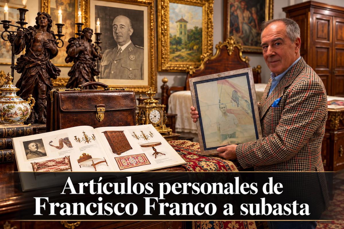 Artículos personales de Francisco Franco procedentes del Pazo de Meirás, con retratos históricos, muebles antiguos, esculturas y objetos que salen a subasta.